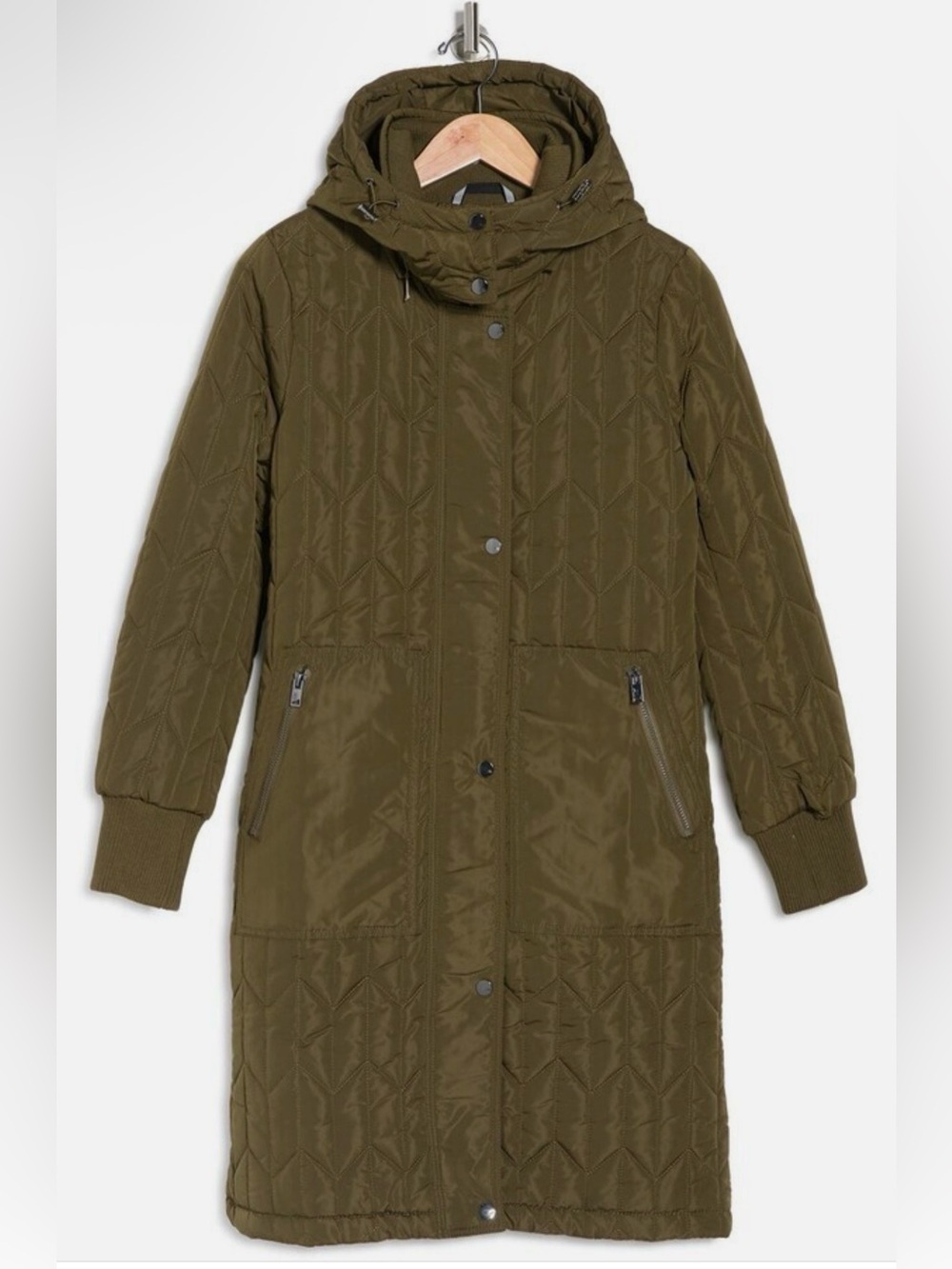 Andrew Marc Quilted Long Hooded Puffer Coat - Olive Green - Medium